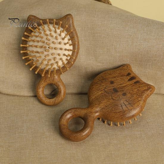 Wooden Scalp Massager Cat Shape Air Cushion Brush, Hair Growth Natural Wood Comb Head Relaxation Massage Tool, Portable Care Scrubber Brush