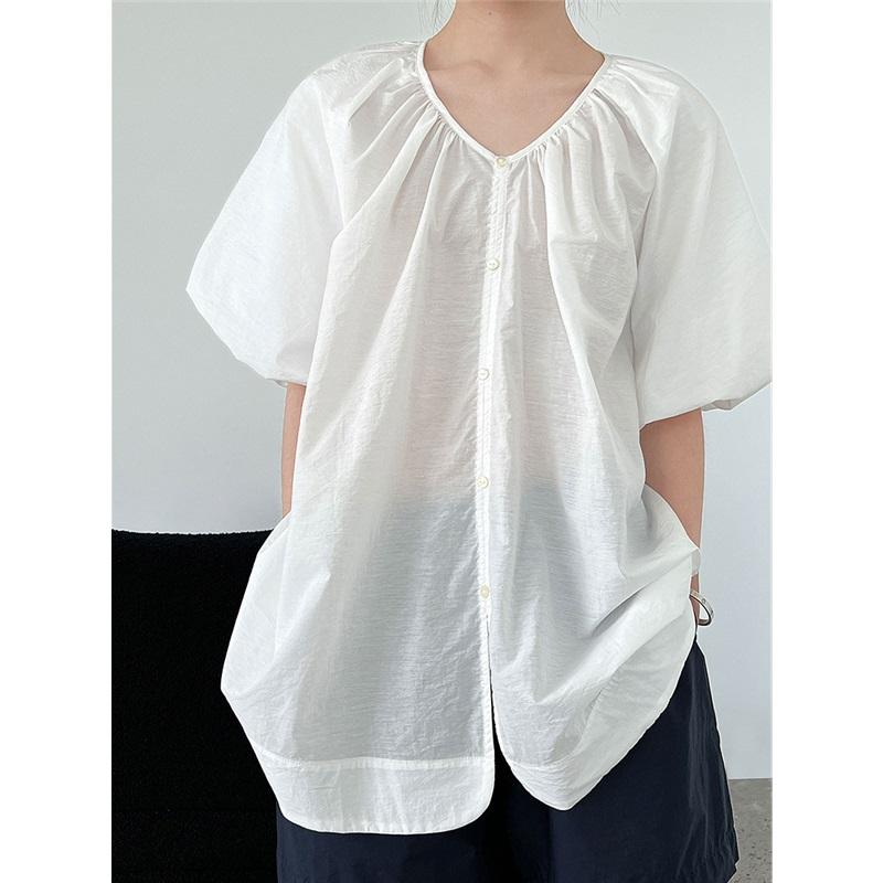 

Блузка с V-образным вырезом и рукавами-пузырями в французском стиле для женщин, летняя коллекция, двусторонний кардиган, свободный и повседневный топ M белый