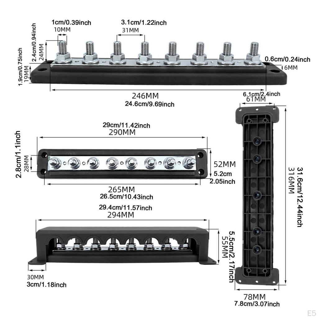12-48V Battery Busbar Terminal Block Easy Installation 5.2x29cm for Car Boat