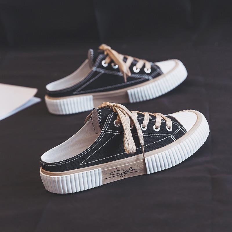 Half-drag Canvas Shoes, Women's New Student Versatile Lazy Shoes, One Pedal Without Heel, Little White Shoes, Cookie Shoes Tide