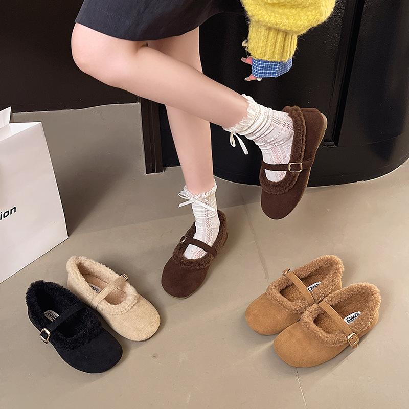 Round head flat bottom Mao Mao mouth women's shoes 2025 new autumn and winter velvet Doudou shoes casual warm women's cotton shoes