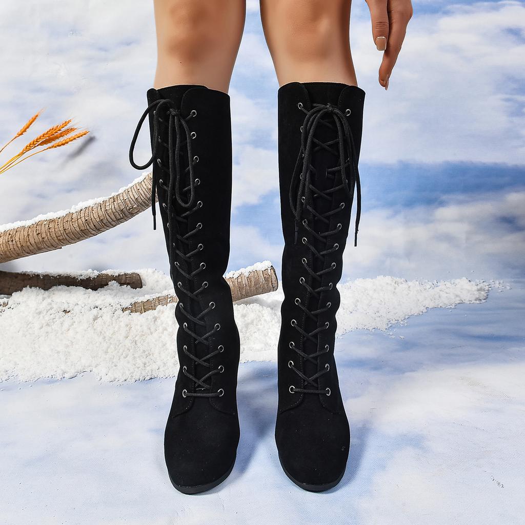 Fashion 2024 New Autumn Trend Comfortable Designer Mid-calf Fashion Boots Woman Middle Heels Knee High Lace Up Boots Shoes for Women