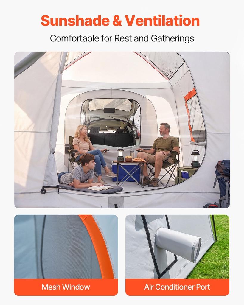 SUV Camping Tent for 5-9 Person, 3.96 x 3.05m 3-Season SUV Tailgate Tent with Ventilated Windows, PU2000mm Waterproof Dual-Use Car Rear Hatch Tents