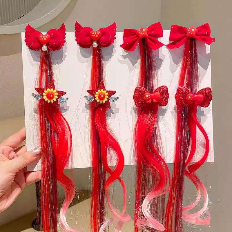 Girls' Day Out Festival Red Bow Wig Clip - Shiny Silk Braided Curly Hair Accessory