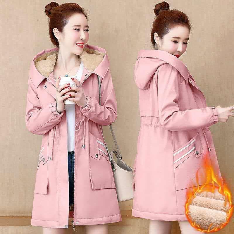 Fluffy and Thick Cotton Clothing, Autumn and Winter Korean Version, Waist Tightened, Versatile Mid-length Trench Coat, Cotton Coat Women's Trend