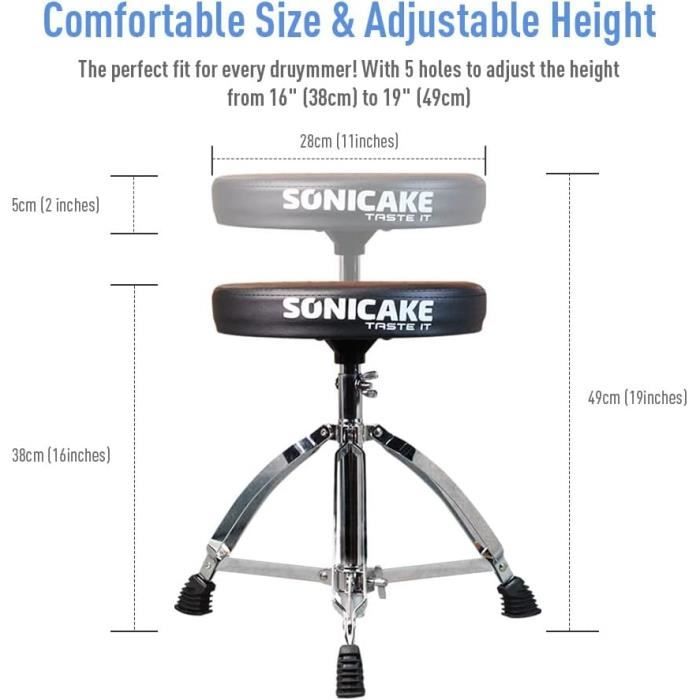 Tabouret de batterie - sonicake - pliable - réglable en hauteur - antidérapant - métal noir