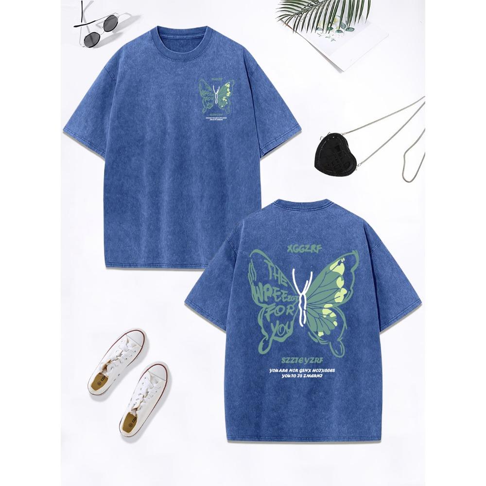 Personality Hollow Out Butterfly Prints Washed T-Shirts Women Cotton Oversized Tops Distressed T Shirt Summer Clothes