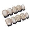 Short Gel Nail Tips Gray Black Bean Paste Color With Cat-Eye Design And Crystal Rhinestones