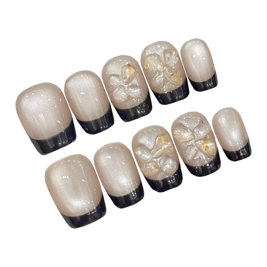 Short Gel Nail Tips Gray Black Bean Paste Color With Cat-Eye Design And Crystal Rhinestones