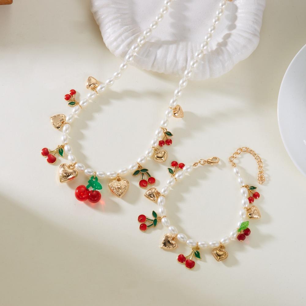 Collier Élégant avec Breloque Cœur Collier Ras-du-cou Doux Perle Nouveau Collier Cerise Fruit Bijoux Femme