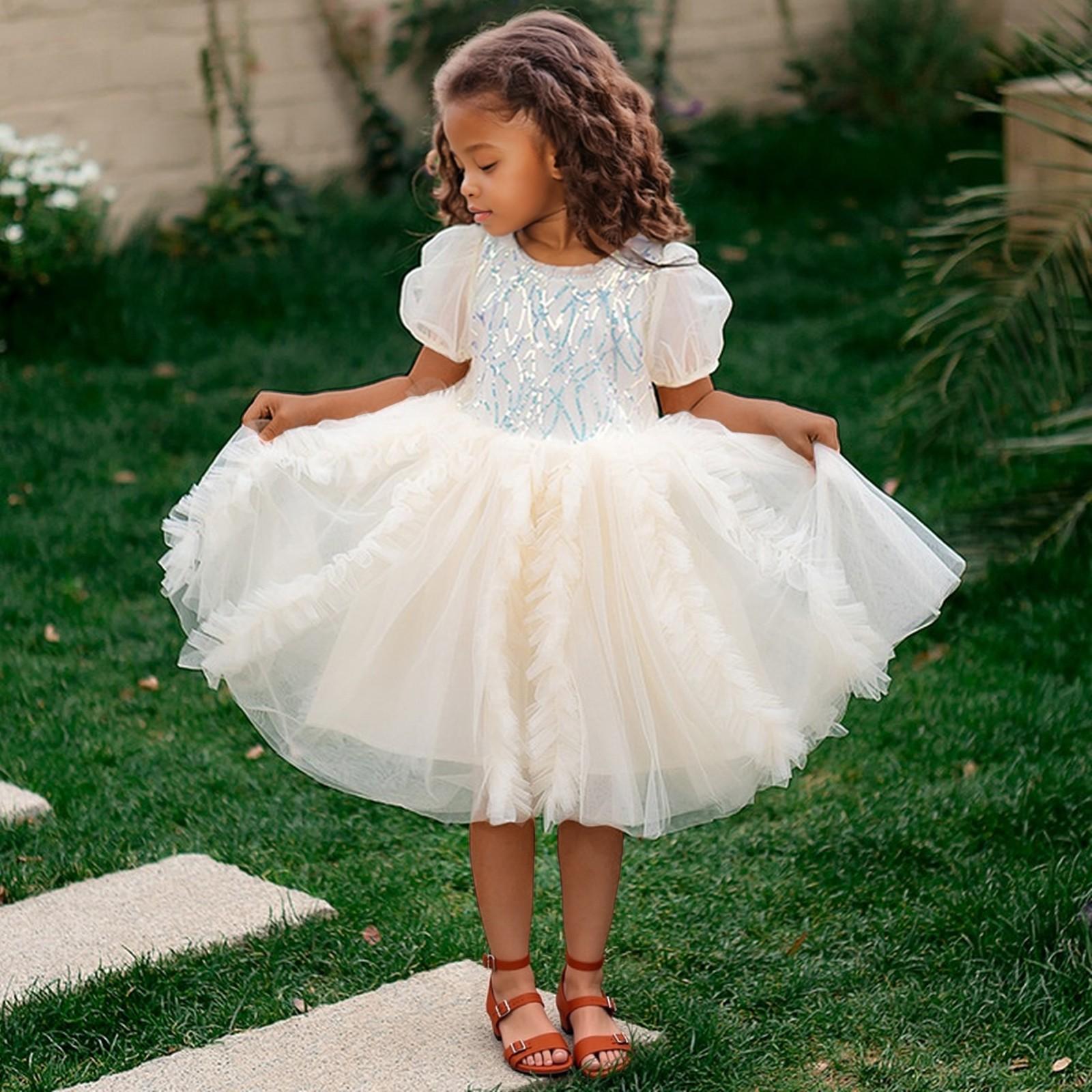 

Children s Puff Sleeve Dress Princess Dress Mesh Fashion Sequin Dress 130 бежевий