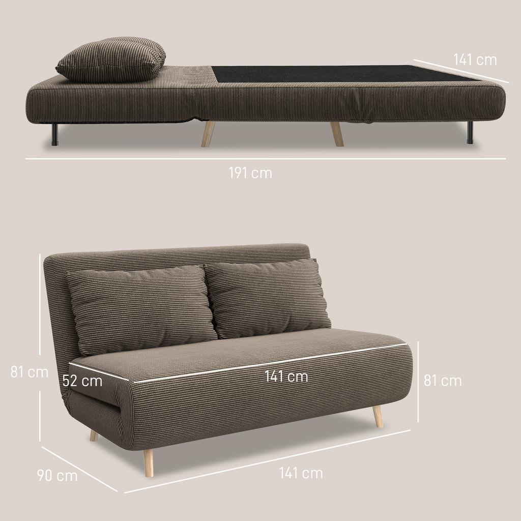 Sofa Bed, Guest Bed, 3-Way Adjustable Backrest, Corduroy Look, up to 120 kg, 141 x 90 x 81 cm, Dark Brown
