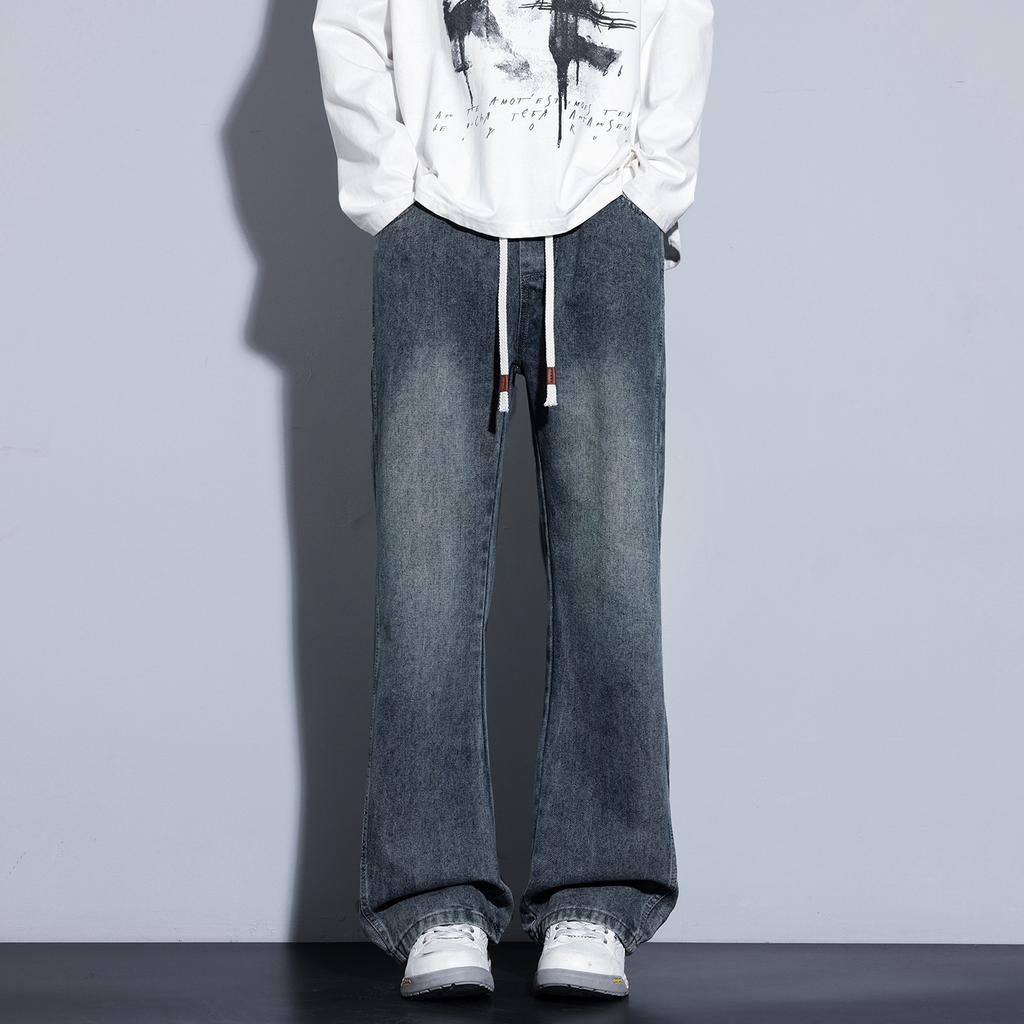 American retro trendy brand micro-pull jeans men's new trend loose wide-leg drape elastic waist pants