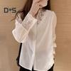 Women Shirt Lace Patchwork Stand Collar Flower Embroidery Single Breasted Long Sleeve Solid Color OL Commute Style Soft Lady Spring Fall Top Blouse