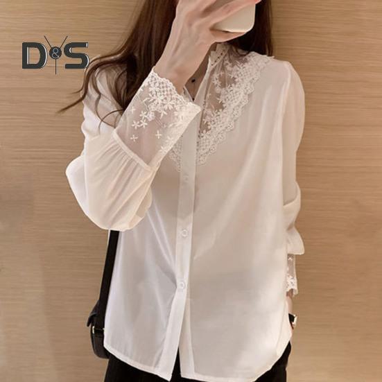 Women Shirt Lace Patchwork Stand Collar Flower Embroidery Single Breasted Long Sleeve Solid Color OL Commute Style Soft Lady Spring Fall Top Blouse
