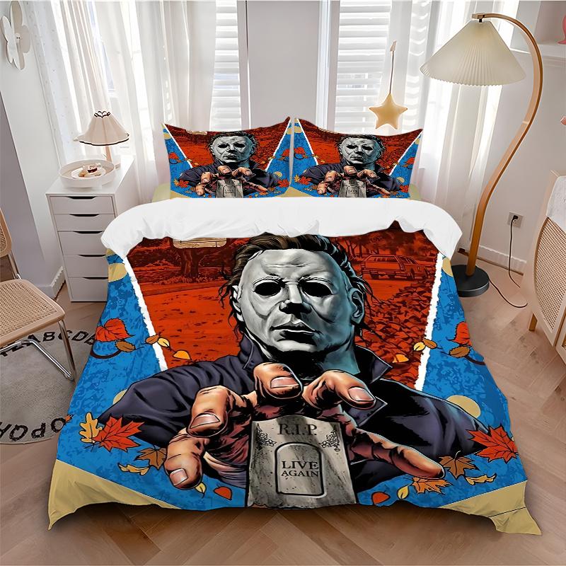 

3pcs Halloween Michael Myers Horror Movie Poster Comforter Set with 1 Quilt Cover and 2 Pillowcases (No Core), Home Decor, Holiday Gift 135x200cm