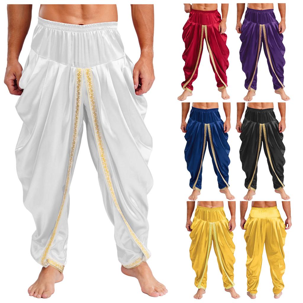 Herren Satin Dhoti Hosen Lässig Elastischer Bund Drapierte Baggy Hosen Urlaub Themenparty Ethnische Kleidung
