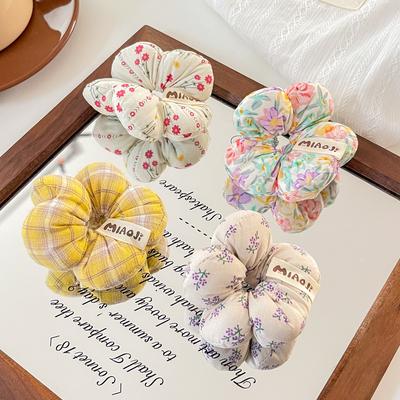 Neues Produkt Kinder Baumwolle Floral Blume Pferdeschwanz Stirnband Baby Stoff Fünf-Blatt-Blume Haargummi Karomuster Großer Darmring