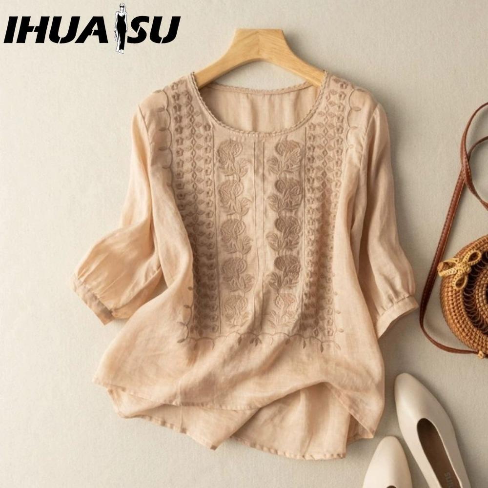 

IHUASU Женская мода Повседневные однотонные блузки и рубашки с принтом рукава 3/4 и круглым вырезом XXXXL хаки