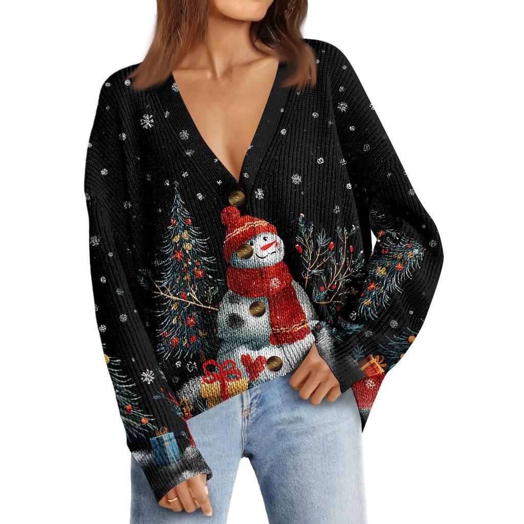 Women's Fashion Long Sleeve Christmas Print V-Neck Button Loose Cardigan Top