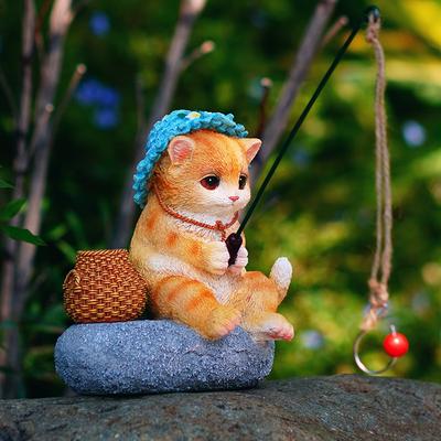 Original Cute Kitten Fishing Garden Flowing Water Decoration Ornaments Courtyard Rockery Landscaping Resin Craft Decoration