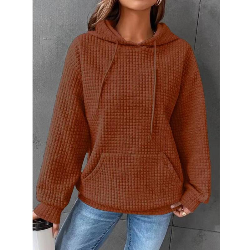 2025 Fall/Winter Women s Waffle Knit Round Neck Long Sleeve Solid Hoodie Top Large янтарь