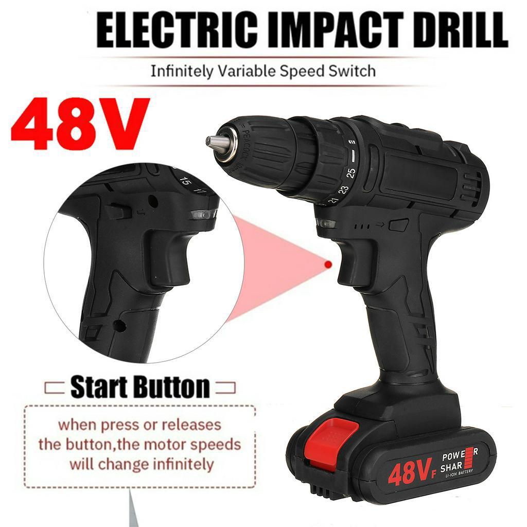 25+3 Speed Cordless Impact Wrench Electric Drill Socket Electric Screwdrive 1/2 Battery US Plug Black 48V