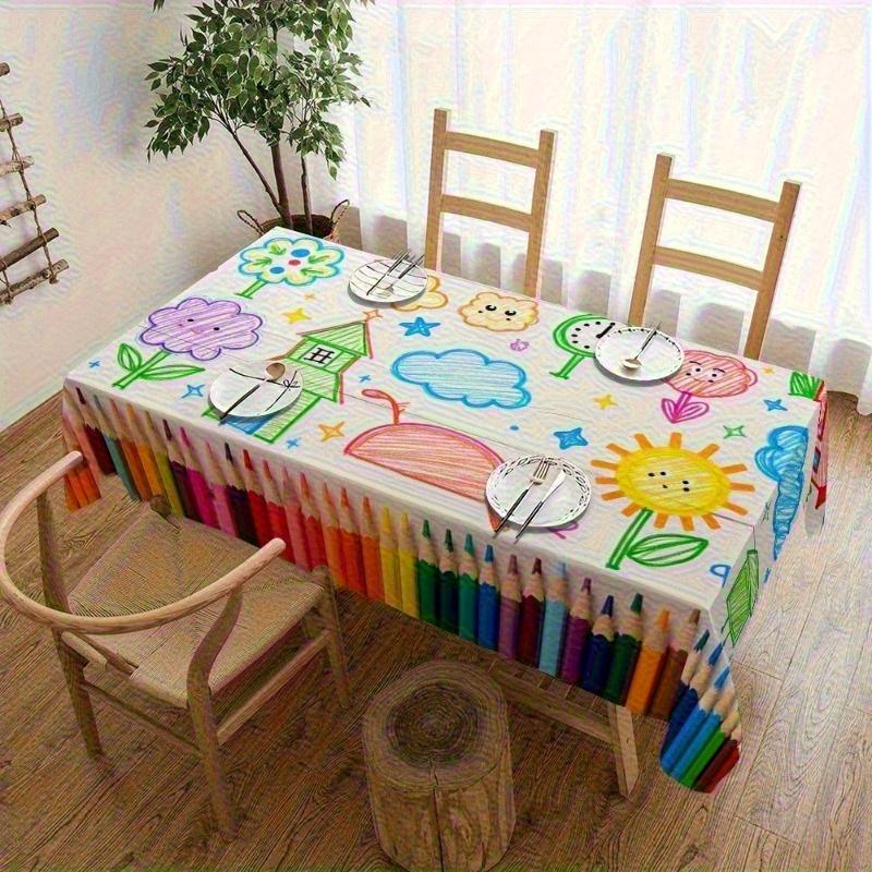 Back To School Kids Crayon Doodle Rectangle Tablecloth Waterproof Table Cloth for Classroom Dorm Bedroom Study Party Decor