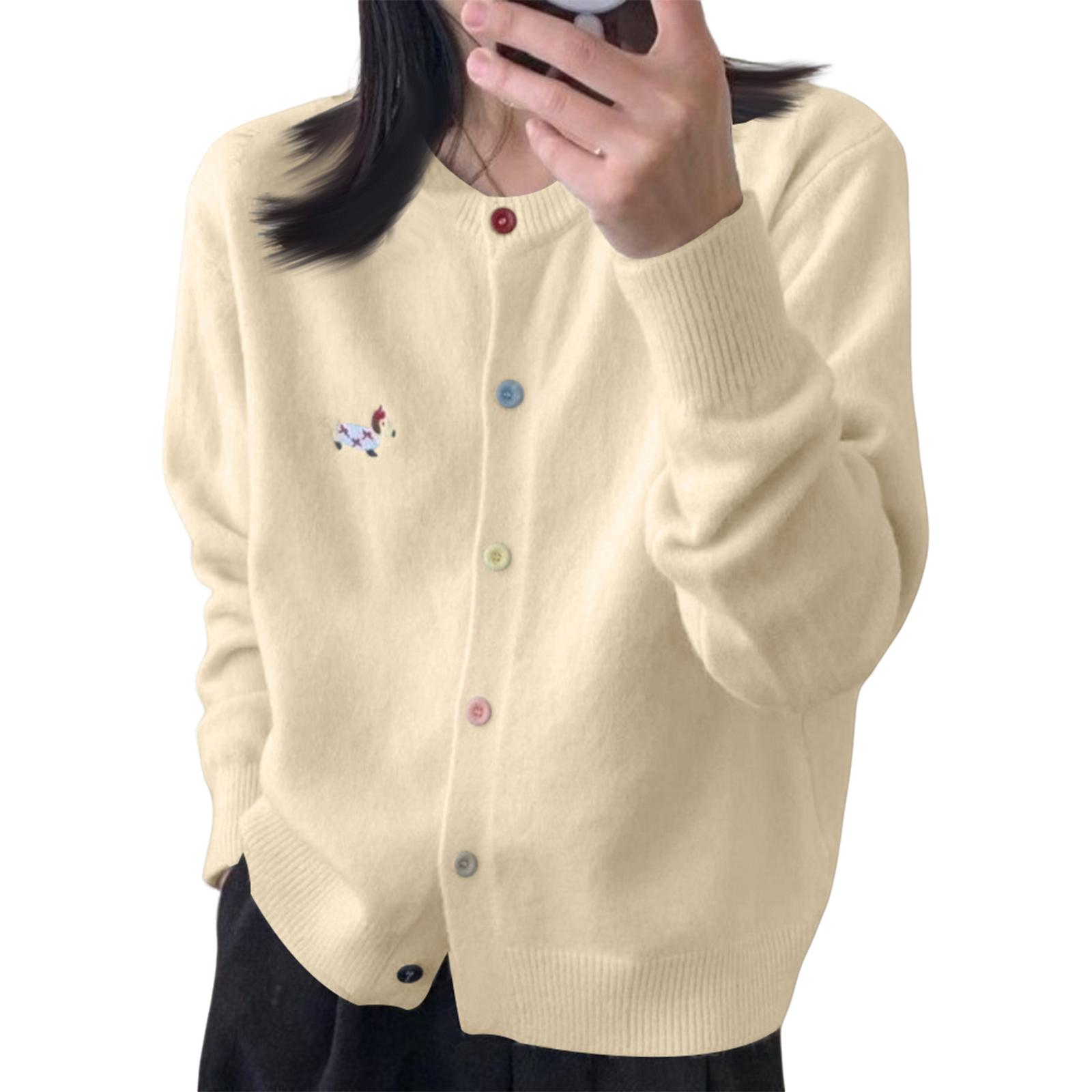 

Женский разноцветный кардиган на пуговицах, уникальный дизайн, вышивка таксы, круглый вырез, универсальный, вязаный One Size