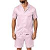 Men's Short Sleeve Pajama Set with Pockets - Soft Satin Stripe Plaid Print Two-Piece Outfit for Home and Casual Wear