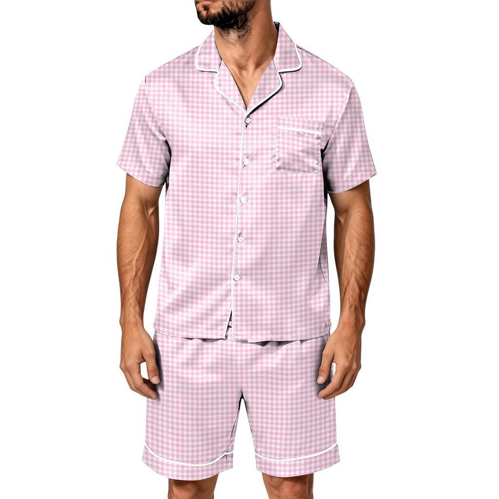 Men's Short Sleeve Pajama Set with Pockets - Soft Satin Stripe Plaid Print Two-Piece Outfit for Home and Casual Wear