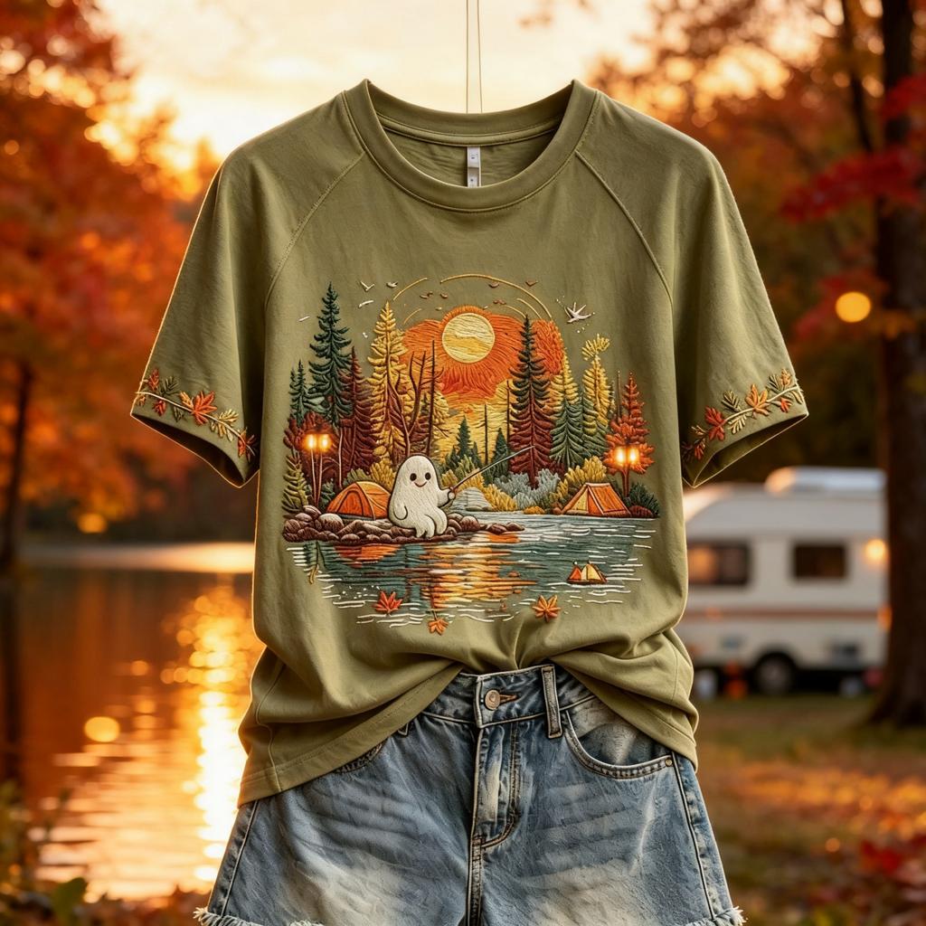 Women's Casual Halloween Print V-Neck Short Sleeve T-Shirt Top for Fall and Daily Wear