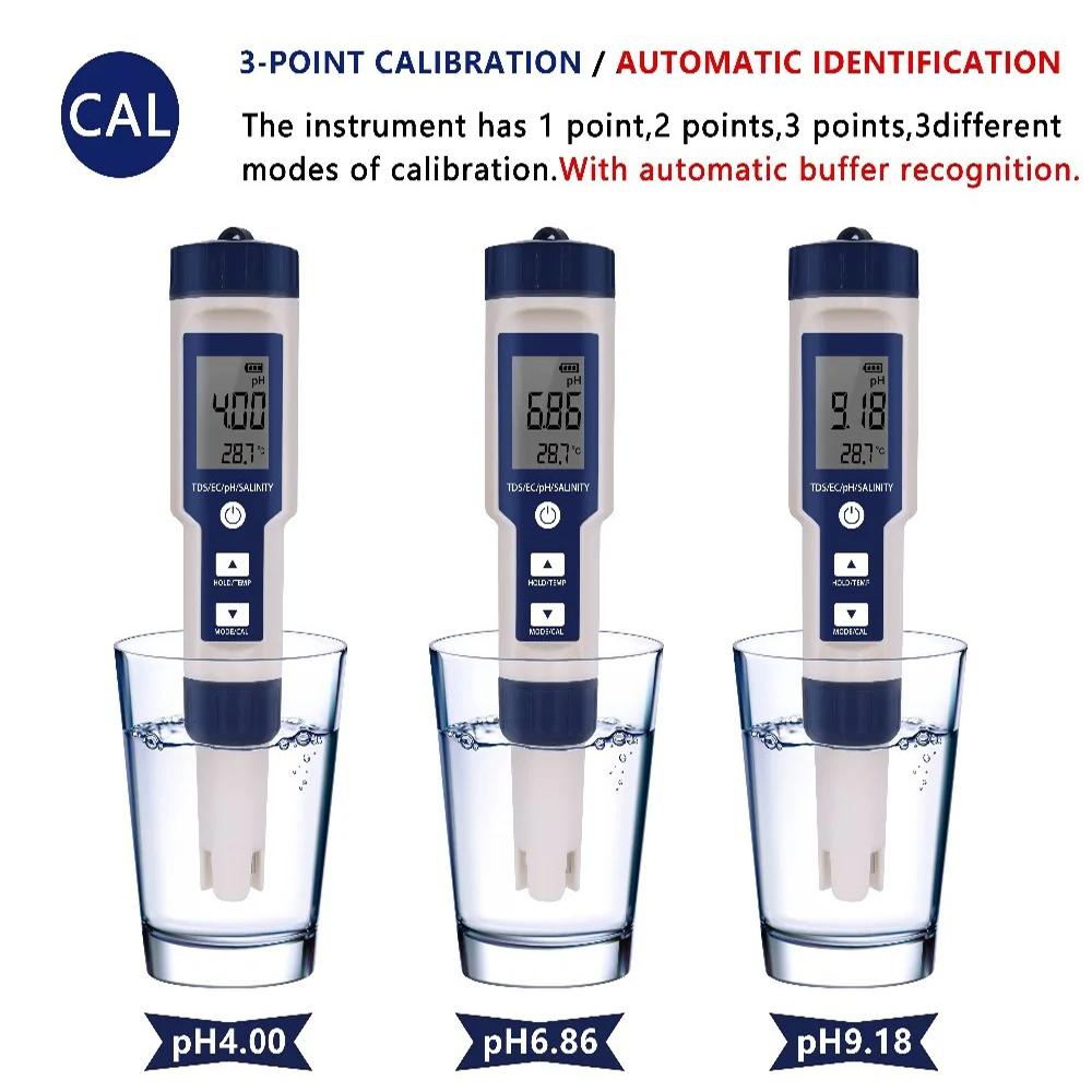 5 in 1 EC TDS Salinity Temperature PH Meter Water Quality Tester for Food Beverages Salt Content Aquarium Seawater ATC Meter