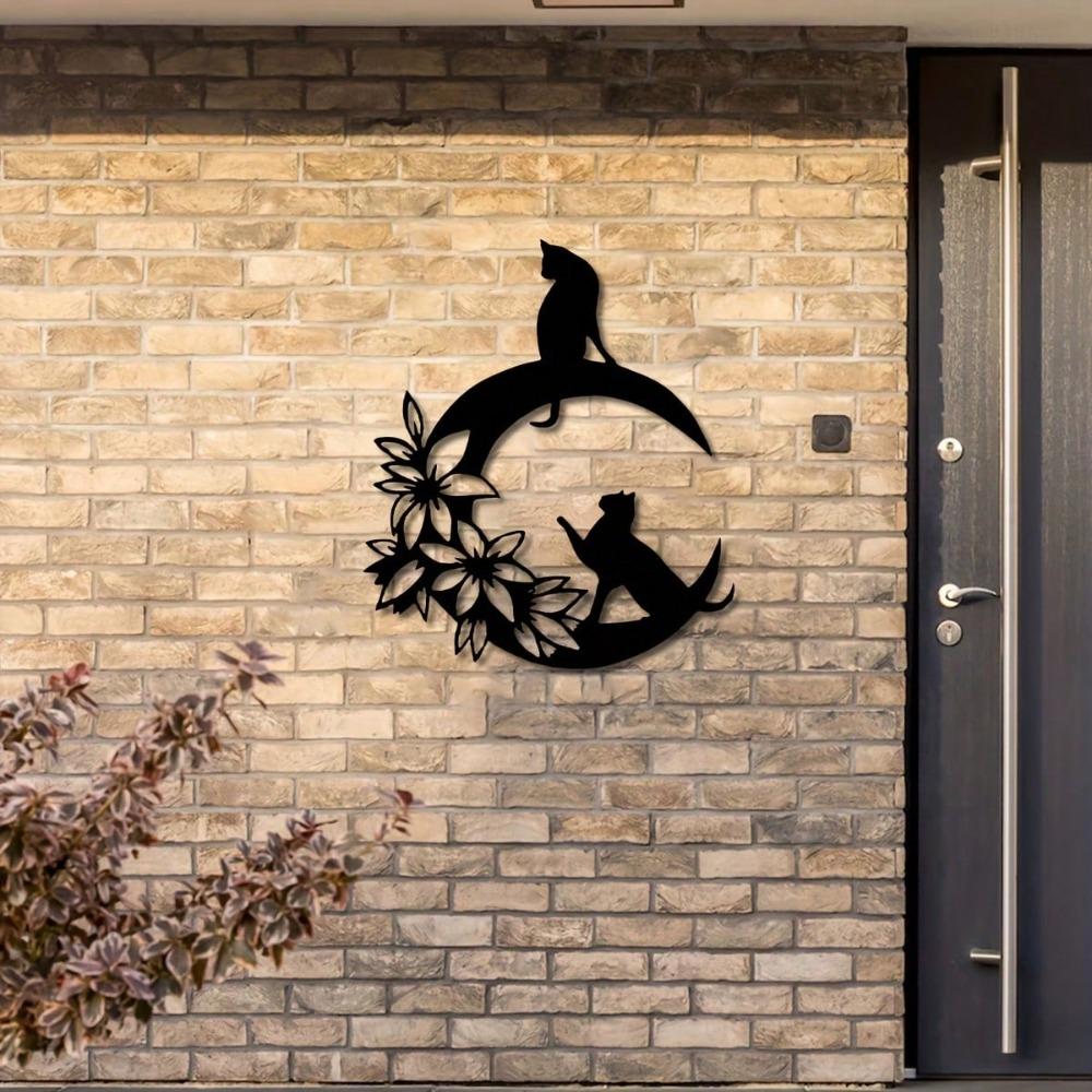 Metal Wall Art Black Cat Crescent Flower Silhouette Durable Indoor Outdoor Home Decor Gift for Cat Lovers