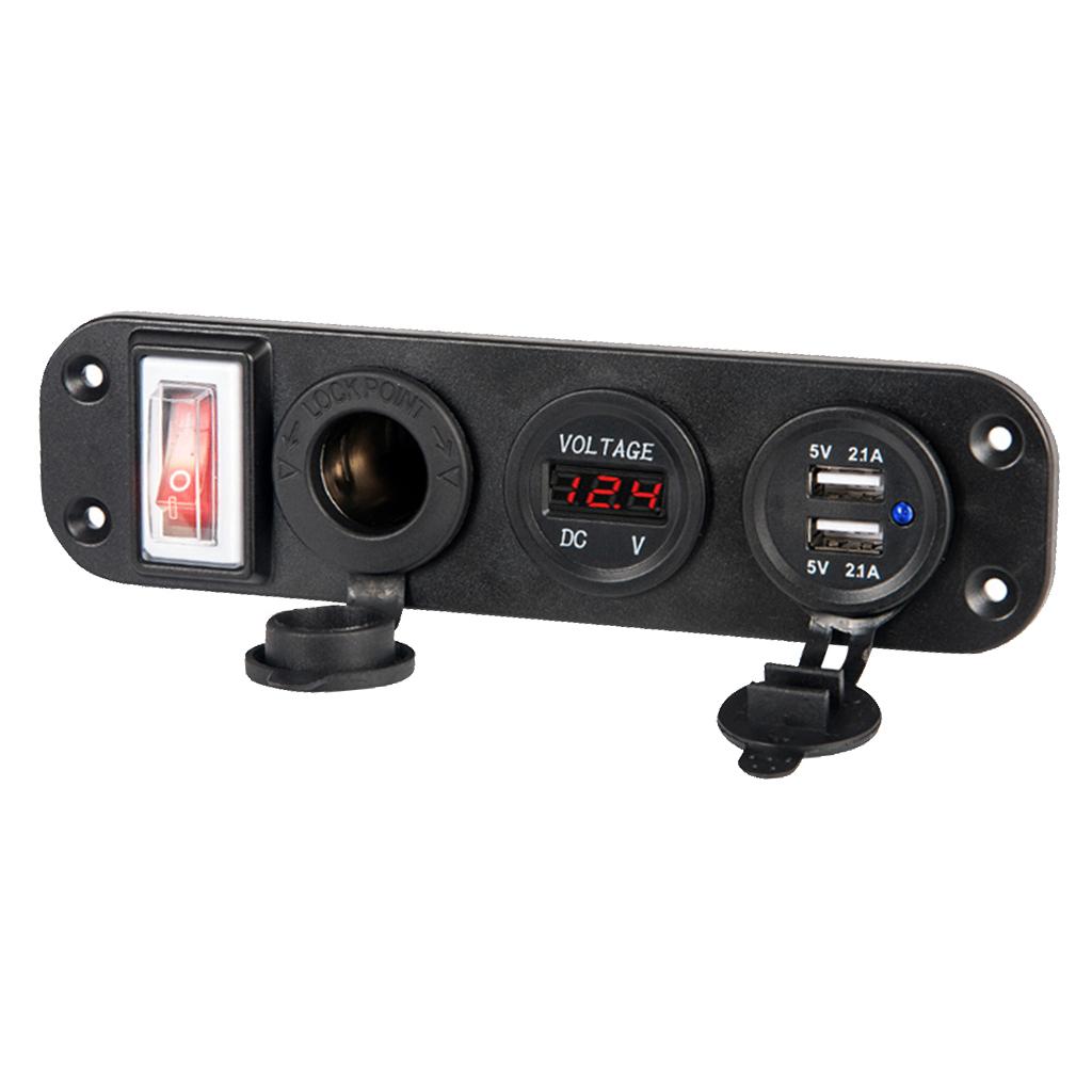 Car USB Socket Panel with Dual USB Charger Voltmeter and Power Outlet Waterproof for Vehicle Marine RV Digital Devices
