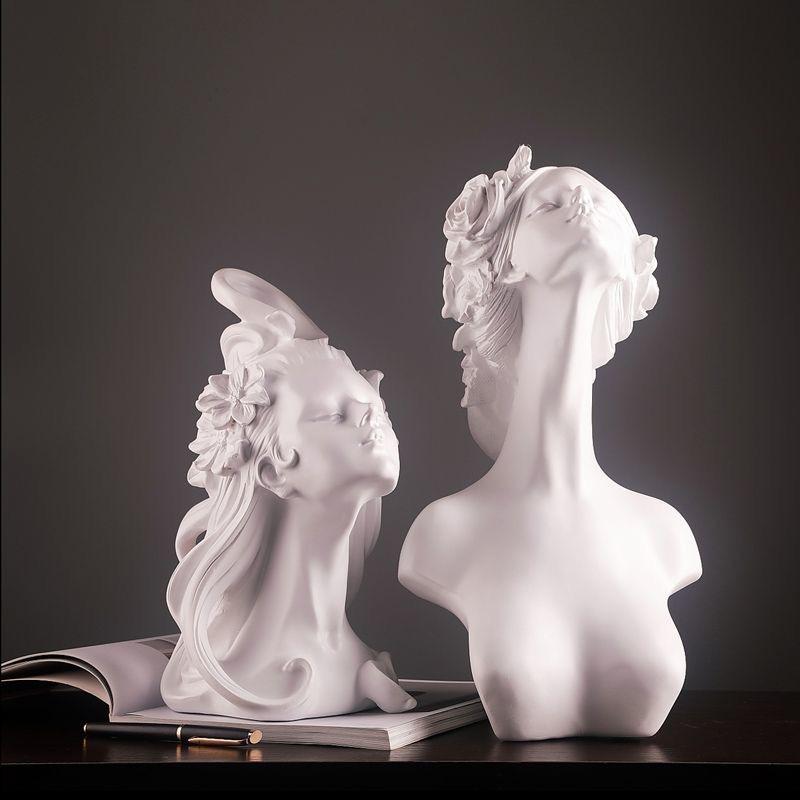 Flower Head Girl Sculpture Resin Figure Decoration Home Livingroom Table Figurines Accessories Art Hotel Desk Statue Ornaments