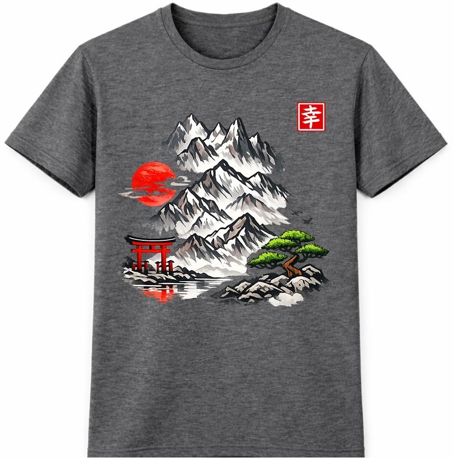 Japanese Landscape T Shirt Mountain Sakura Bonsai Art Graphic Tee
