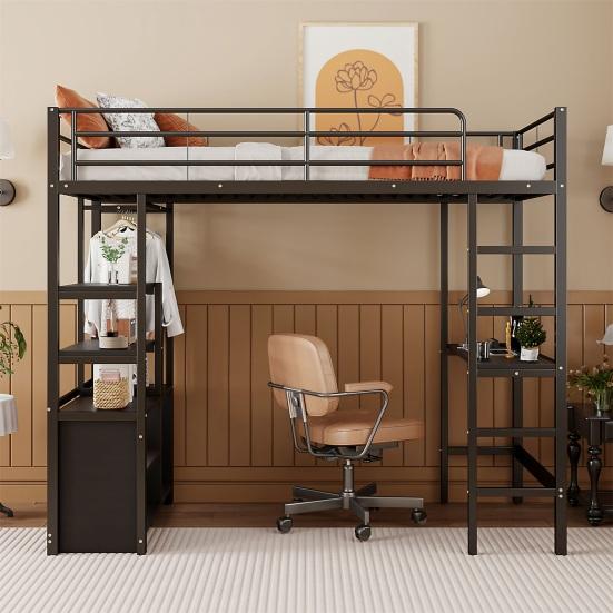 Metal Bed Loft Bed 90x200cm No Mattress with Desk Socket And USB Children Multiple Shelves Open Storage Cabinet Railing Ladder Iron