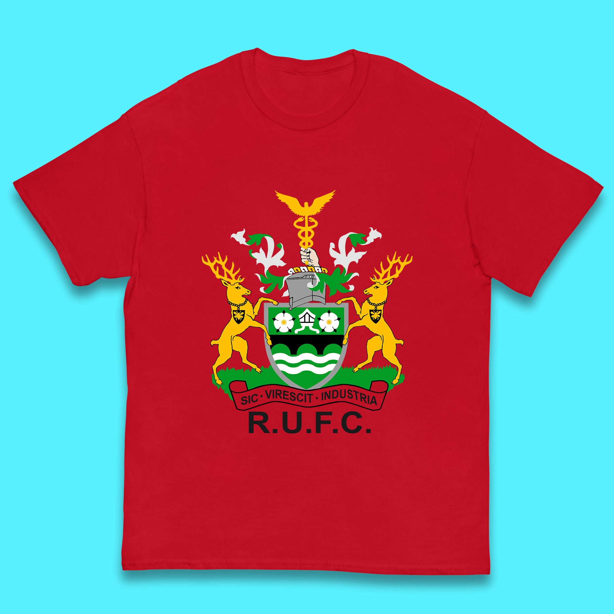 R.U.F.C. Coat Of Arms Rotherham SIC. VIRESCIT. INDUSTRIA Rotherham Metropolitan Borough Council Flags And Symbols Of Yorkshire Gift Kids T Shirt 110