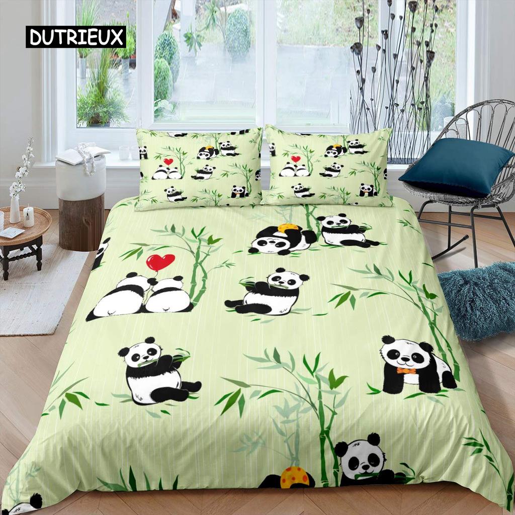 Panda Duvet Cover Set Cherry Blossoms Cute Animal Bedding Set Flower Branches Cartoon Double Queen King Polyester Quilt Cover