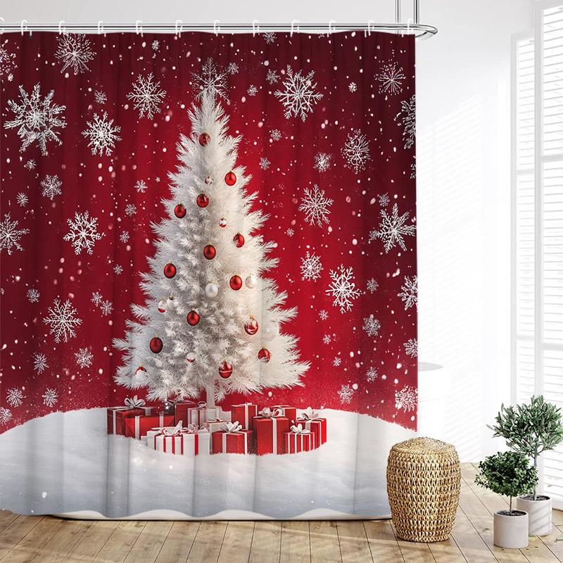 Cute Christmas Snowman Shower Curtain Winter Forest Xmas House Cedar New Year Home Bathroom Decoration Bath Curtains With Hooks