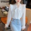 French Bowknot Lace Chiffon Shirt Spring Autumn Women's Shirt Fashion Versatile Ruffle Backing Shirt Top