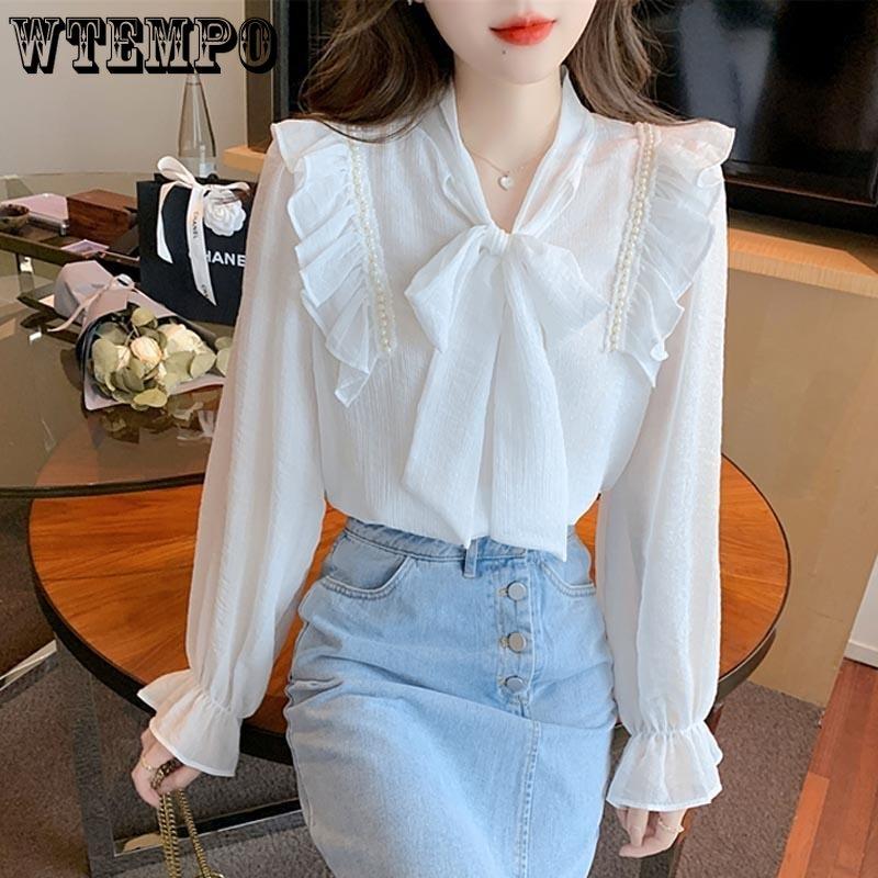 French Bowknot Lace Chiffon Shirt Spring Autumn Women's Shirt Fashion Versatile Ruffle Backing Shirt Top