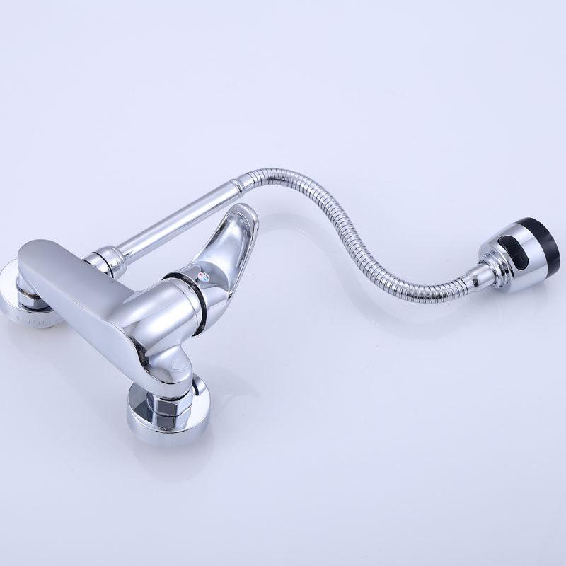 Wandmontierte Küchenarmatur Messing Chrom Zwei-Loch Heiß Kaltwasser Mischbatterie Schwenkbarer Auslauf Wischbeckenhahn