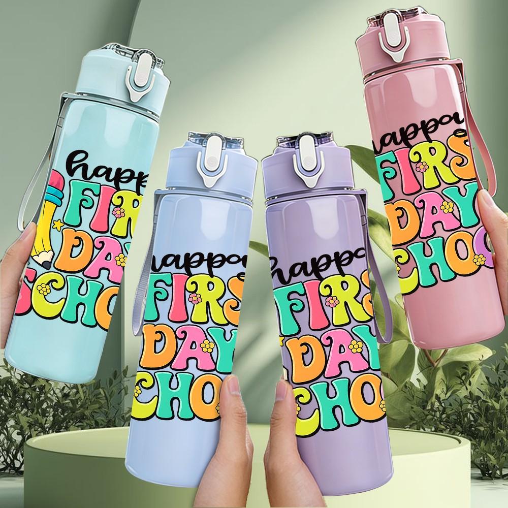 1PC Happy First Day School Colorful 750ml Color Plastic Sports Water Bottle Leakproof Flip Straw Lid Suitable for Sports Office Home Use