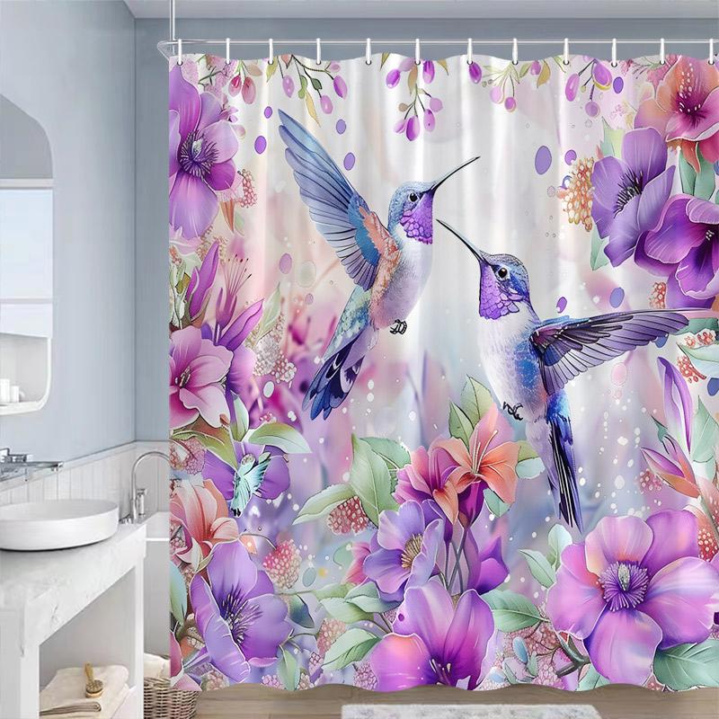 Purple Floral Hummingbird Shower Curtains Butterfly Birds Flowers Plant Modern Polyester Home Bathroom Curtain Decor With Hooks