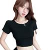 American retro hottie sexy backless T-shirt women's summer niche design versatile front shoulder thin short top ins