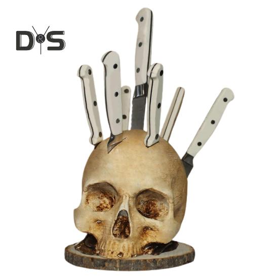 Skull Cutter Holder Horror Skull Resin Figurine Kitchen Countertop Cutter Block Organizer Stand Rack Desktop Decoration Scary Party Gift