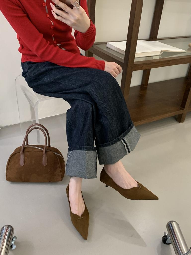 2025 New Pointed Suede Cat Heel High Heels Women's Thin Heel Shallow Mouth Single Shoes Autumn Versatile Professional Work Shoes