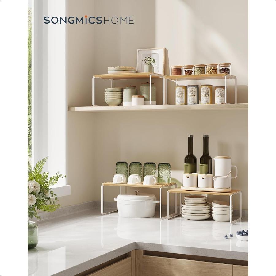 Bamboo Cabinet Organizer Shelf NiceLooking Set of 2 Kitchen Counter Shelves Kitchen Storage Spice Rack Stackable Expandable Nat